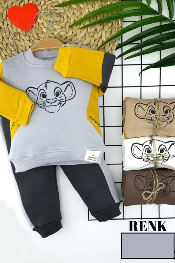 9-12-18-24 Ay Kaplan Baskılı Uzun Kollu 2li Kız Erkek Çocuk Takımı