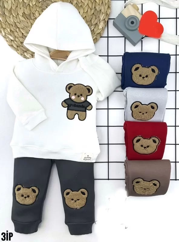 9-12-18-24 Ay Kapşonlu Ayıcık Nakışlı Uzun Kollu 2li Kız Erkek Çocuk Takımı