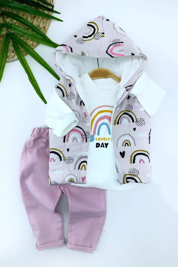 9-12-18-24 Ay Kapşonlu Fermuarlı Baskılı Şişme Yelek Sweat Pantolonlu 3lü Kız Erkek Bebek Takımı