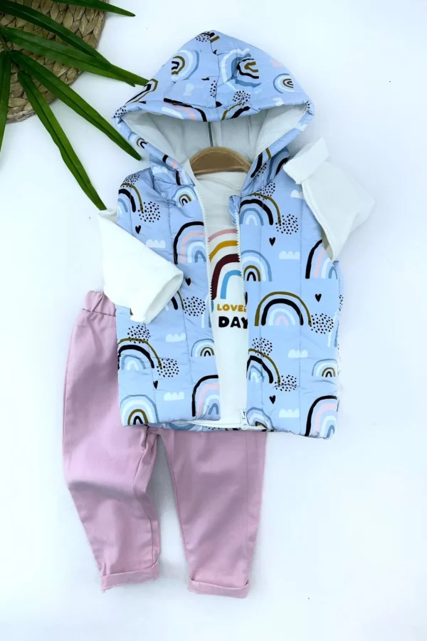 9-12-18-24 Ay Kapşonlu Fermuarlı Baskılı Şişme Yelek Sweat Pantolonlu 3lü Kız Erkek Bebek Takımı