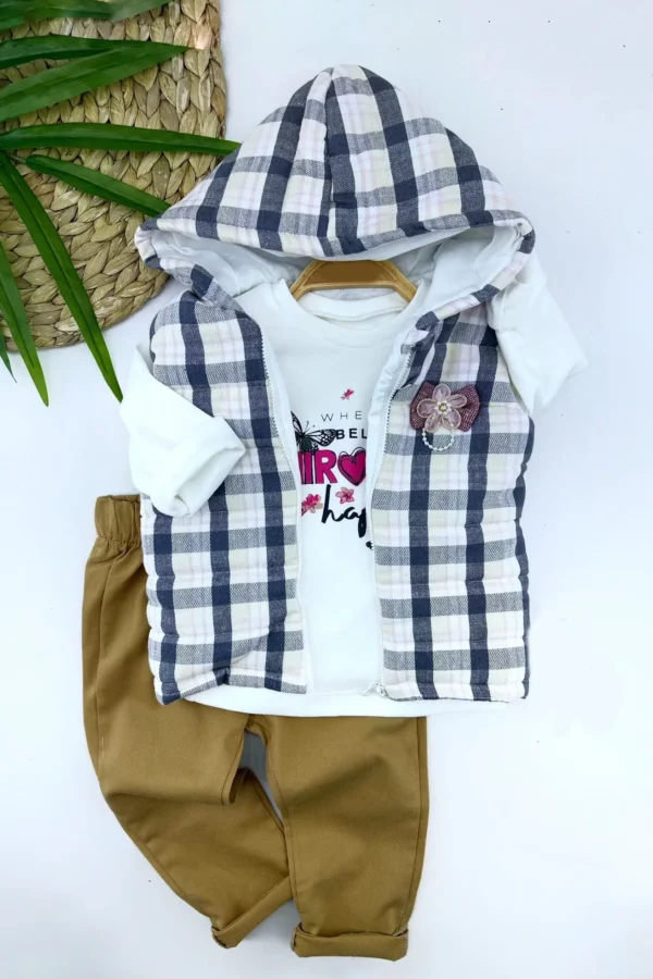 9-12-18-24 Ay Kapşonlu Fermuarlı Ekoseli Şişme Yelek Sweat Pantolonlu 3lü Kız Erkek Bebek Takımı