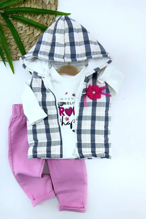 9-12-18-24 Ay Kapşonlu Fermuarlı Ekoseli Şişme Yelek Sweat Pantolonlu 3lü Kız Erkek Bebek Takımı