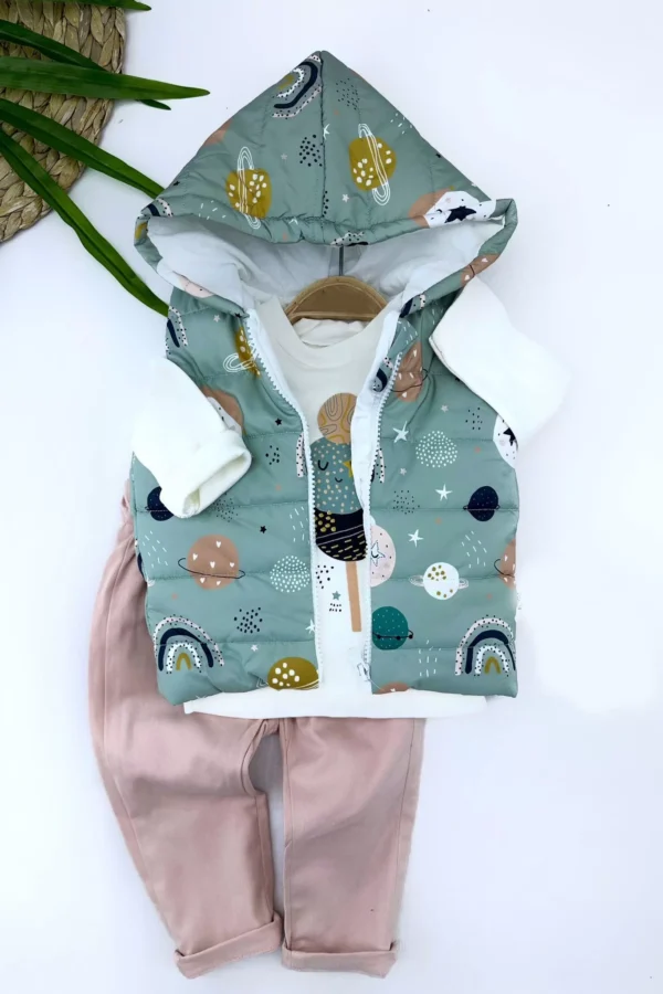 9-12-18-24 Ay Kapşonlu Fermuarlı Galaksi Şişme Yelek Sweat Pantolonlu 3lü Kız Erkek Bebek Takımı