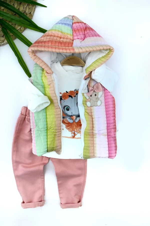 9-12-18-24 Ay Kapşonlu Fermuarlı Gökkuşağı Şişme Yelek Sweat Pantolonlu 3lü Kız Erkek Bebek Takımı