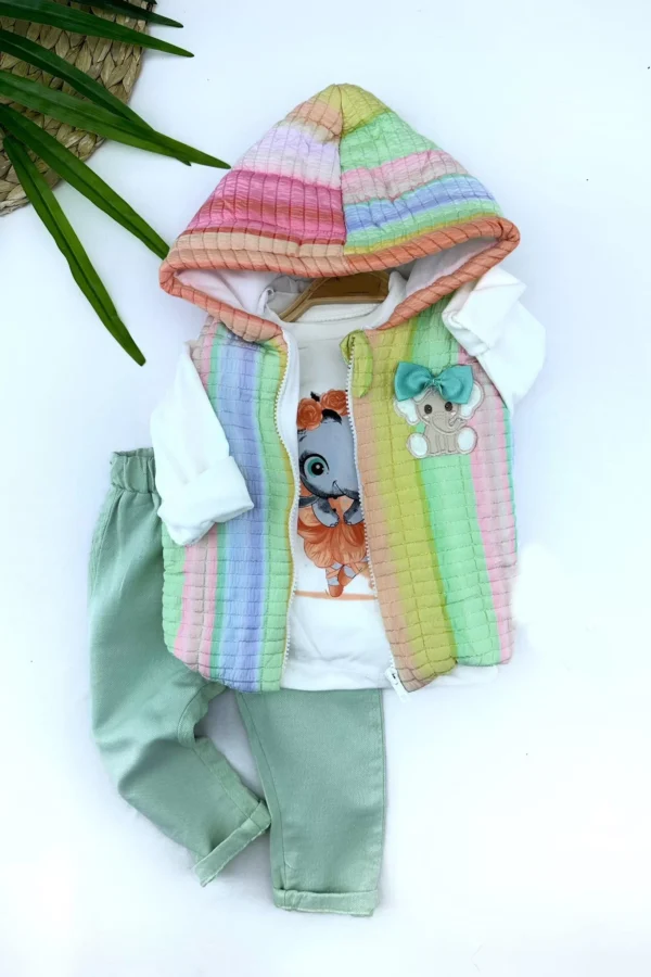 9-12-18-24 Ay Kapşonlu Fermuarlı Gökkuşağı Şişme Yelek Sweat Pantolonlu 3lü Kız Erkek Bebek Takımı