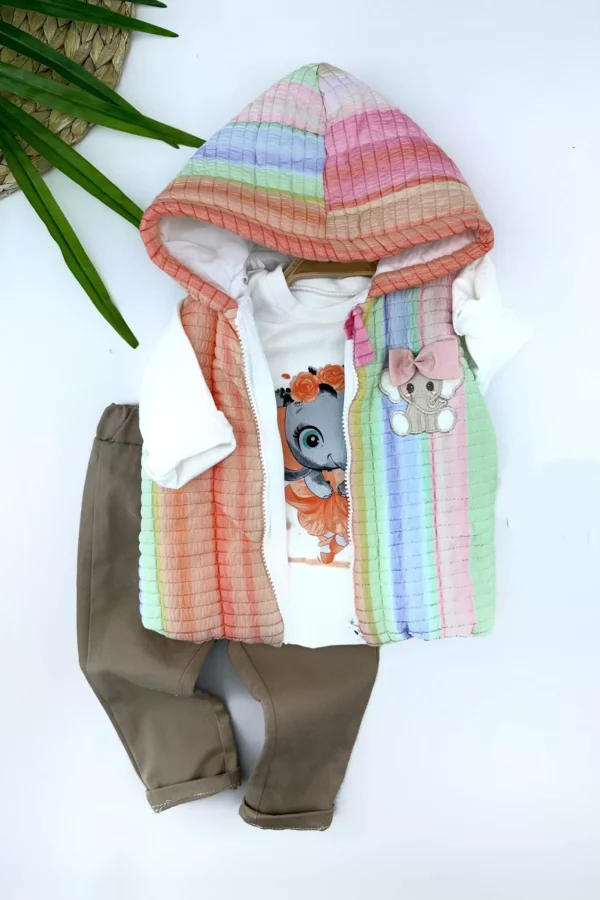 9-12-18-24 Ay Kapşonlu Fermuarlı Gökkuşağı Şişme Yelek Sweat Pantolonlu 3lü Kız Erkek Bebek Takımı