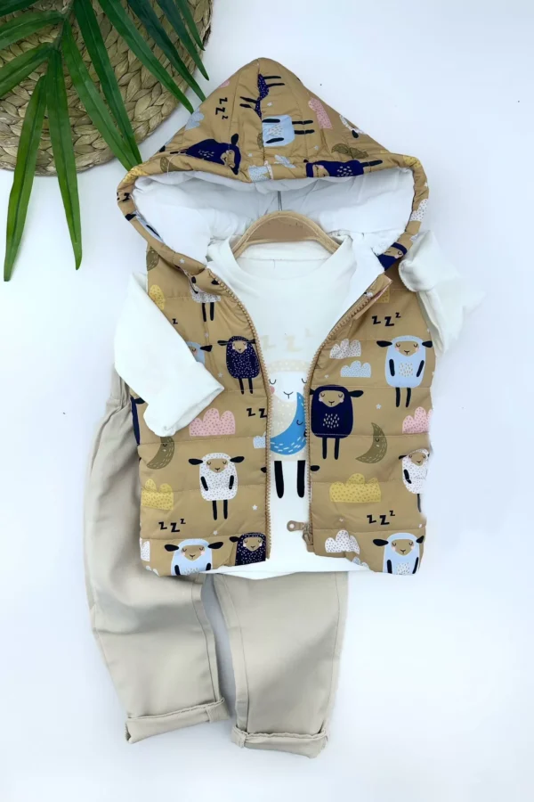 9-12-18-24 Ay Kapşonlu Fermuarlı Kuzucuk Şişme Yelek Sweat Pantolonlu 3lü Kız Erkek Bebek Takımı