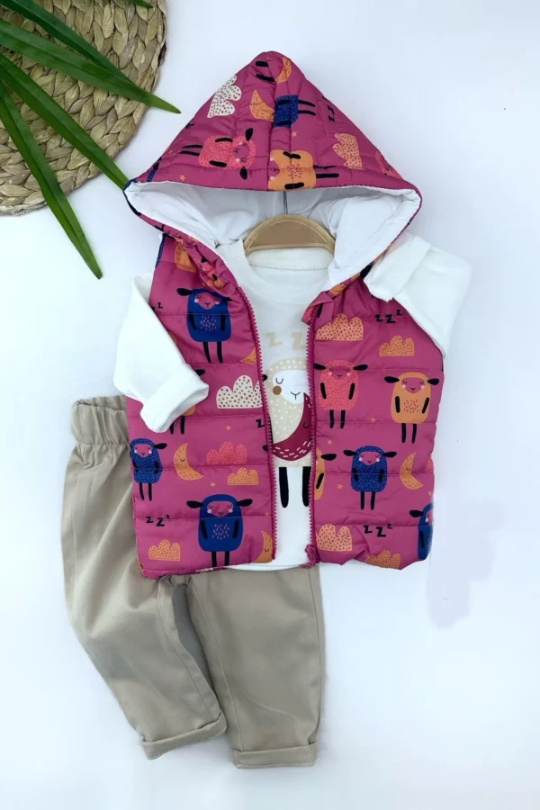 9-12-18-24 Ay Kapşonlu Fermuarlı Kuzucuk Şişme Yelek Sweat Pantolonlu 3lü Kız Erkek Bebek Takımı