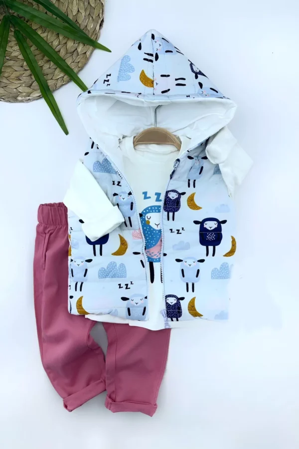 9-12-18-24 Ay Kapşonlu Fermuarlı Kuzucuk Şişme Yelek Sweat Pantolonlu 3lü Kız Erkek Bebek Takımı