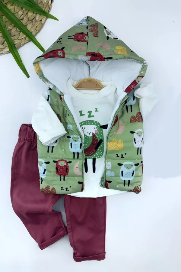 9-12-18-24 Ay Kapşonlu Fermuarlı Kuzucuk Şişme Yelek Sweat Pantolonlu 3lü Kız Erkek Bebek Takımı