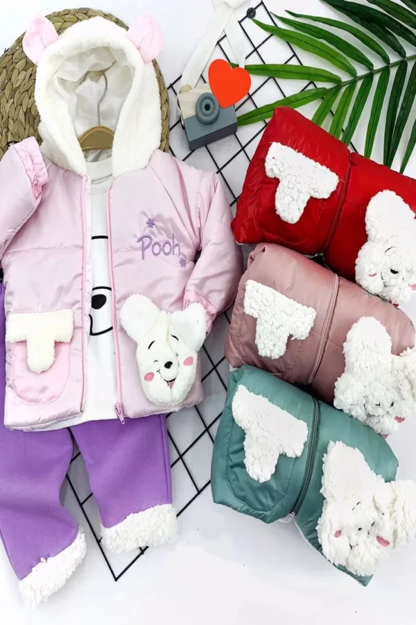 9-12-18-24 Ay Kapşonlu Fermuarlı Mont Pantolon Uzun Kollu Sweatli 3lü Kız Bebek Takımı