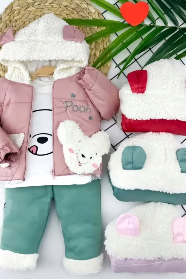 9-12-18-24 Ay Kapşonlu Fermuarlı Mont Pantolon Uzun Kollu Sweatli 3lü Kız Bebek Takımı