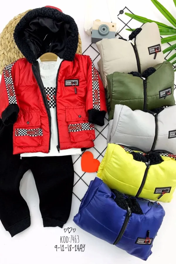 9-12-18-24 Ay Kapşonlu Fermuarlı Mont Pantolon Uzun Kollu Sweatli 3lü Kız Erkek Bebek Takımı