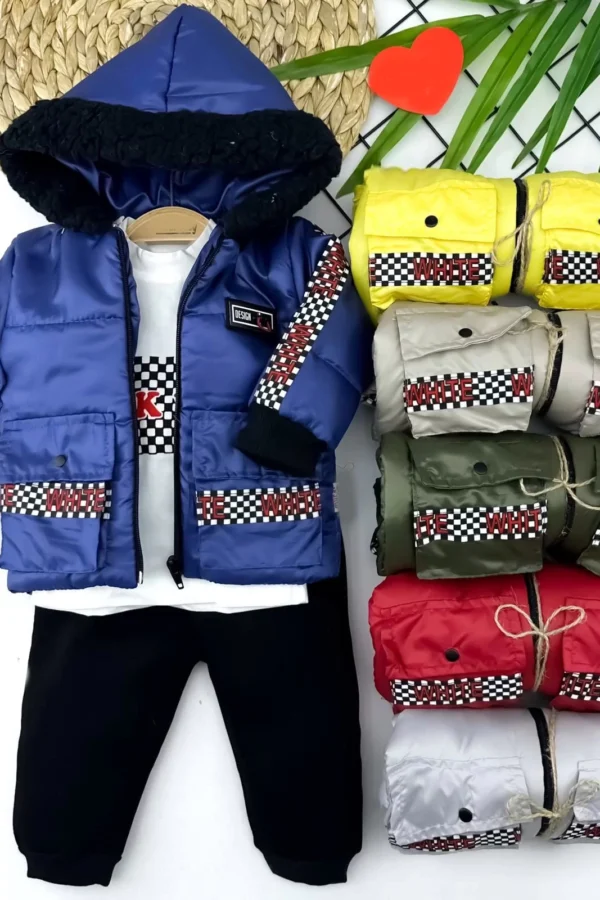 9-12-18-24 Ay Kapşonlu Fermuarlı Mont Pantolon Uzun Kollu Sweatli 3lü Kız Erkek Bebek Takımı