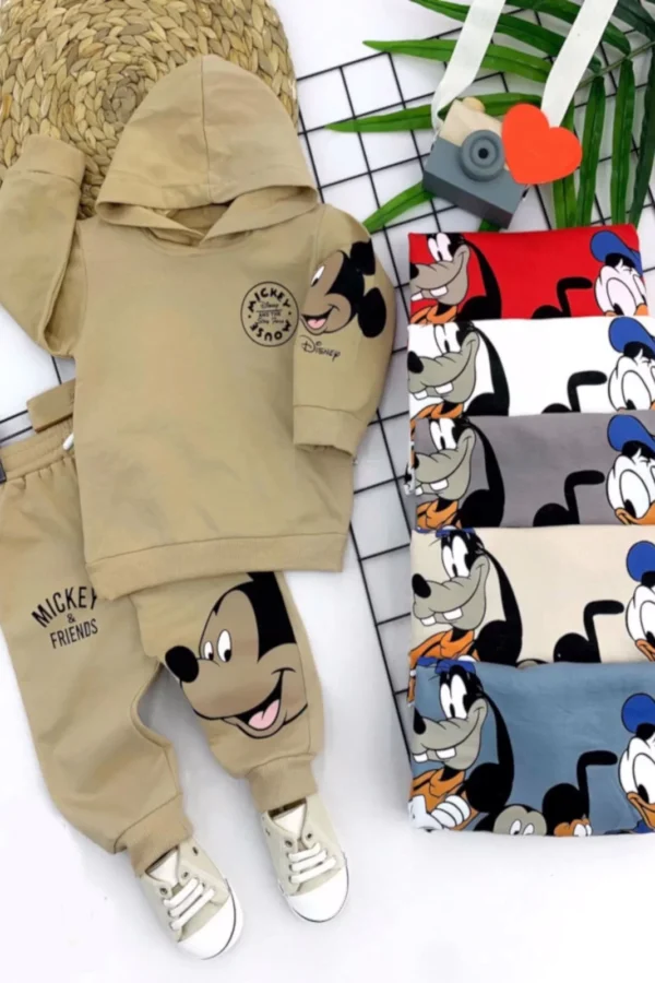 9-12-18-24 Ay Kapşonlu Mickey-arkadaşları Baskılı Sweat Pantolon 2 Li Kız Erkek Bebek Takımı