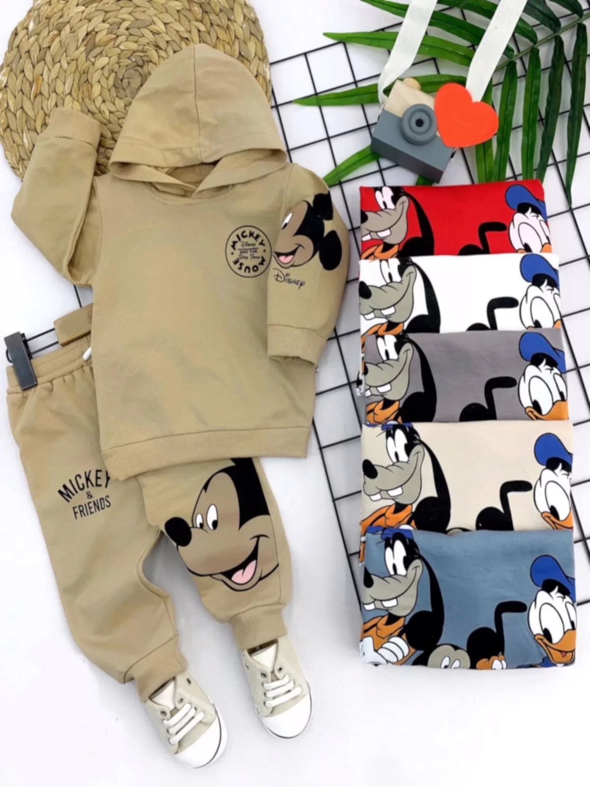 9-12-18-24 Ay Kapşonlu Mickey-arkadaşları Baskılı Sweat Pantolon 2 Li Kız Erkek Bebek Takımı