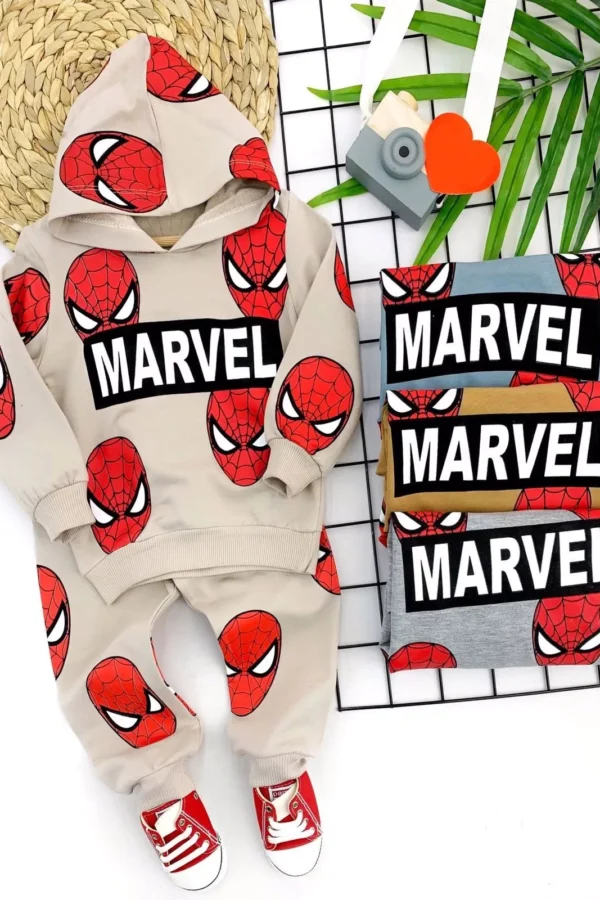 9-12-18-24 Ay Kapşonlu Örümcek Adam Baskılı Uzun Kollu 3lü Kız Erkek Bebek Takımı Hardal