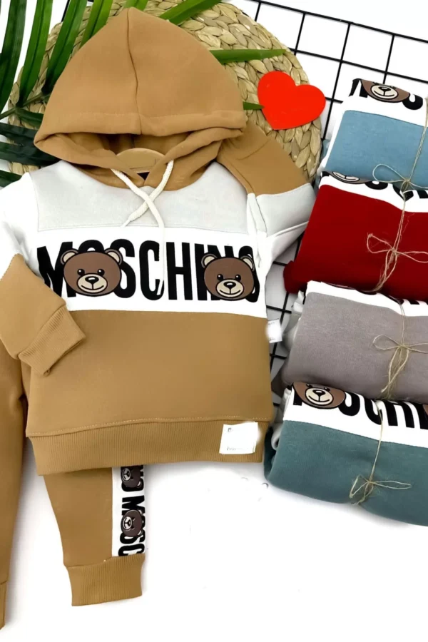 9-12-18-24 Ay Kapşonlu Uzun Kollu Sweatli 3 İp Kumaş 2li Erkek Bebek Takımı