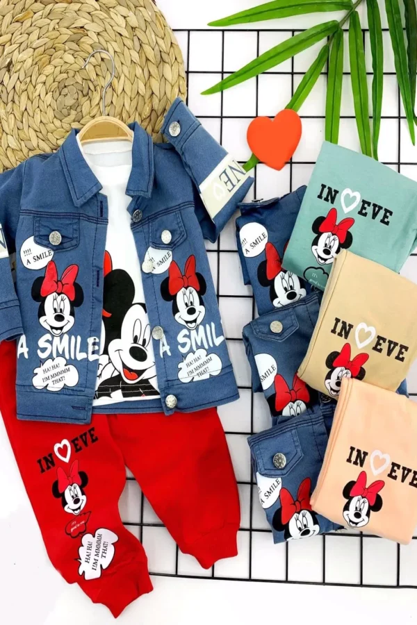 9-12-18-24 Ay Kot Ceketli Bayan Mickey Baskılı 3lü Kız Bebek Takımı