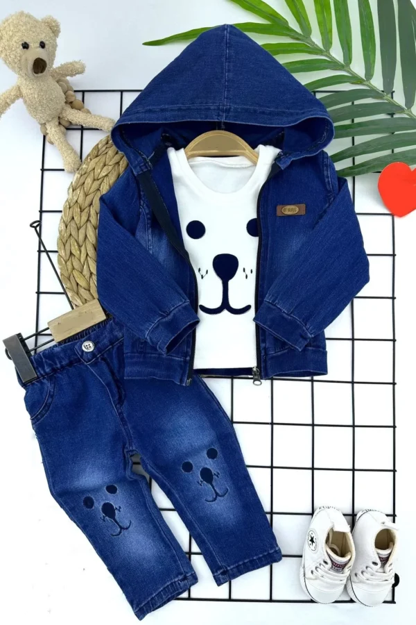 9-12-18-24 Ay Kot Kumaş Kapşonlu Uzun Kol Sweatli Kot Kumaş 3lü Erkek Bebek Takımı Mavi