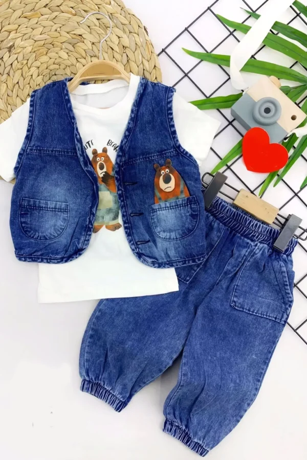 9-12-18-24 Ay Kot Yelek Ve Pantolonlu Cepli Baskılı Tişört 3lü Erkek Bebek Takımı