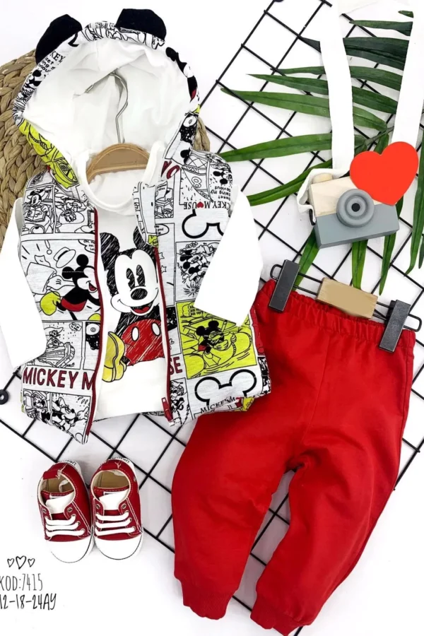 9-12-18-24 Ay Kulaklı Kapşon Şişme Yelekli Pantolonlu 3lü Kız Erkek Bebek Takımı