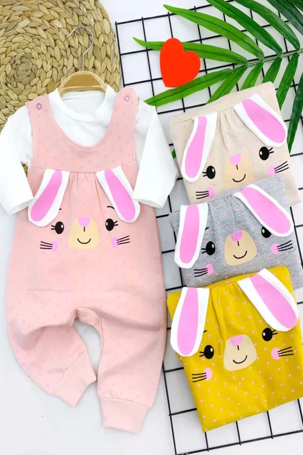 9-12-18-24 Ay Kulaklı Sevimli Tavşan Sweatli 2li Kız Bebek Salopet Takımı