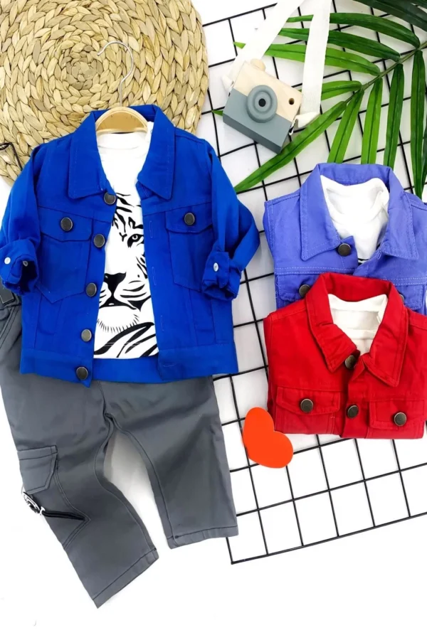 9-12-18-24 Ay Leopar Baskılı Sweat Cepli Ceket Kargo Cepli Pantolon 3lü Erkek Bebek Takımı