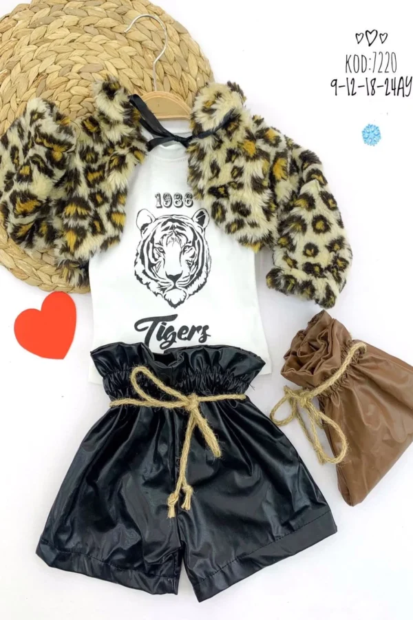 9-12-18-24 Ay Leopar Desenli Bolerolu Deri Şortlu 3lü Kız Bebek Takımı