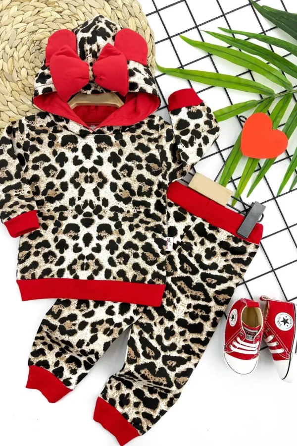 9-12-18-24 Ay Leopar Desenli Papyon Kapşonlu 2li Kız Bebek Takımı