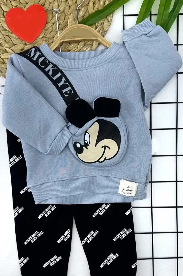 9-12-18-24 Ay Mickey Kendinden Ferumarlı Çanta Uzun Kollu Sweat 2li Kız Erkek Bebek Takımı
