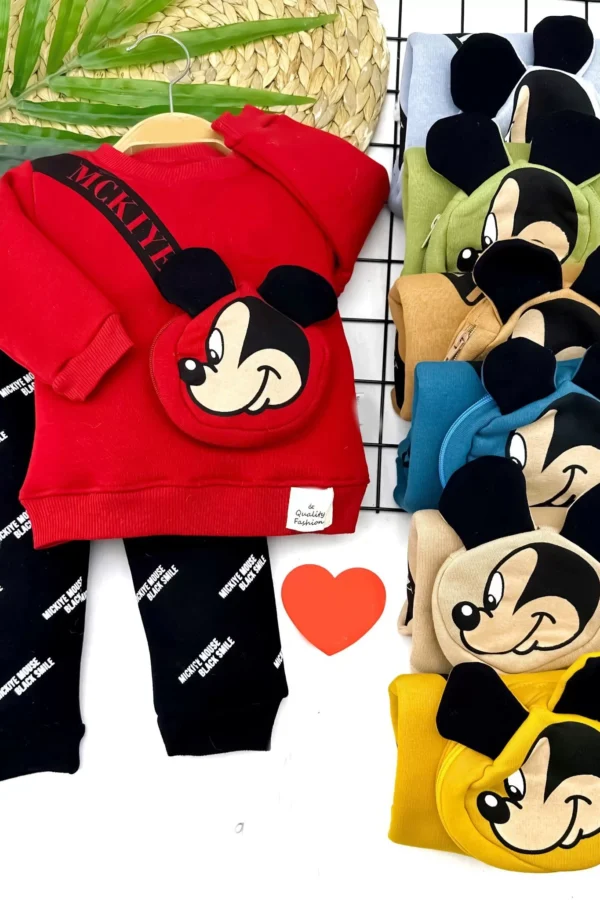 9-12-18-24 Ay Mickey Kendinden Ferumarlı Çanta Uzun Kollu Sweat 2li Kız Erkek Bebek Takımı