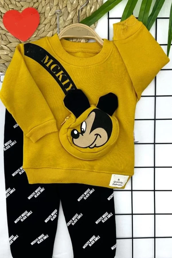 9-12-18-24 Ay Mickey Kendinden Ferumarlı Çanta Uzun Kollu Sweat 2li Kız Erkek Bebek Takımı