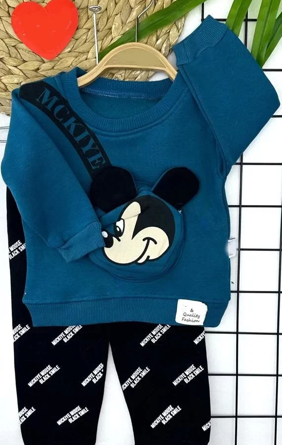 9-12-18-24 Ay Mickey Kendinden Ferumarlı Çanta Uzun Kollu Sweat 2li Kız Erkek Bebek Takımı