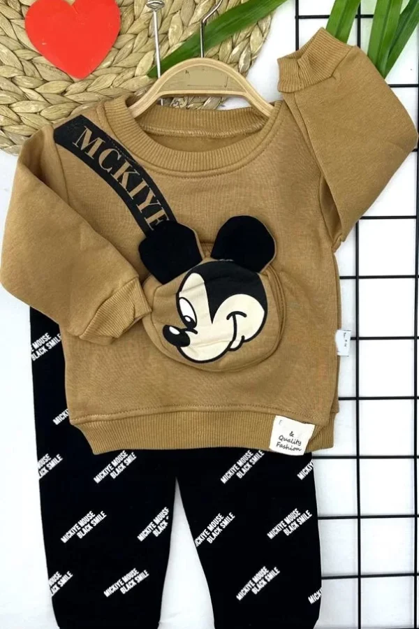 9-12-18-24 Ay Mickey Kendinden Ferumarlı Çanta Uzun Kollu Sweat 2li Kız Erkek Bebek Takımı