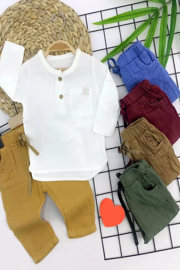 9-12-18-24 Ay Nefes Alan Organik Kumaş Hakim Yaka 2li Erkek Bebek Takımı