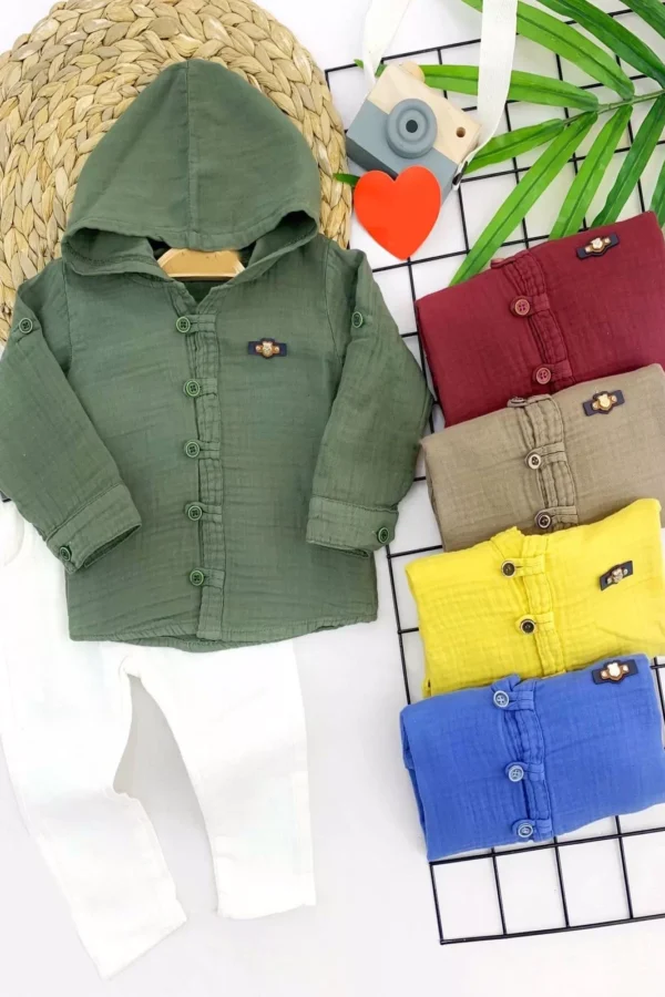 9-12-18-24 Ay Nefes Alan Organik Kumaş Kapşonlu Düğmeli 2li Erkek Bebek Takımı