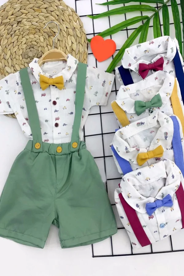 9-12-18-24 Ay Pamuk Keten Cepli Çizgili 2li Erkek Bebek Salopet Takımı