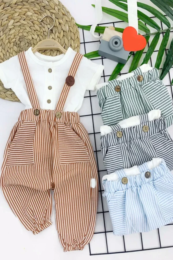 9-12-18-24 Ay Pamuk Keten Cepli Çizgili 2li Erkek Bebek Salopet Takımı