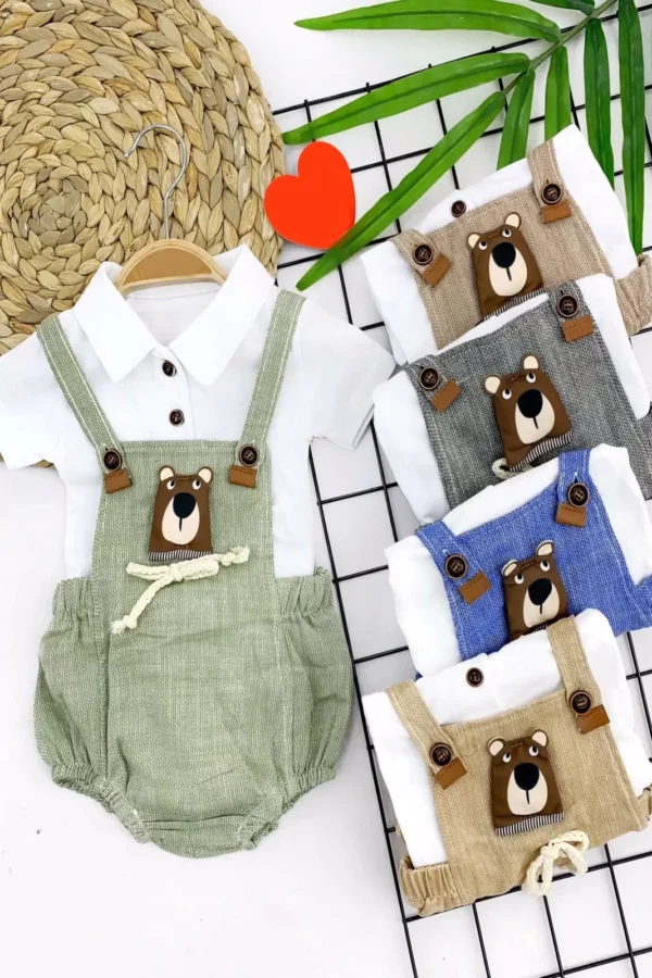 9-12-18-24 Ay Pamuk Keten Kumaş Ayıcıklı Zıbın 2li Erkek Bebek Salopet Takımı