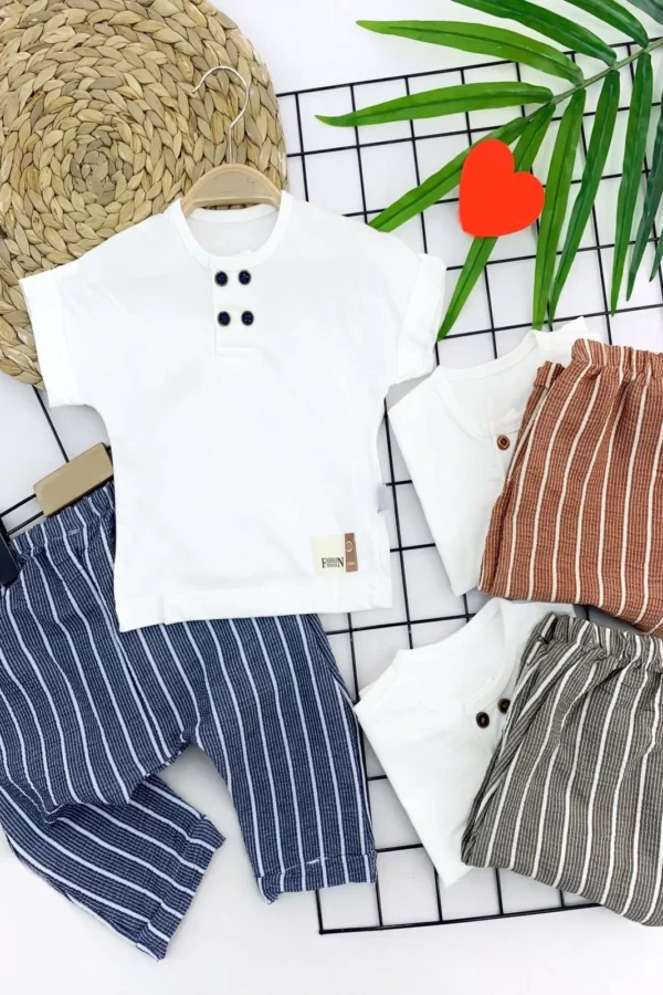 9-12-18-24 Ay Pamuk Keten Kumaş Çizgi Pantolonlu 2li Erkek  Bebek Takımı