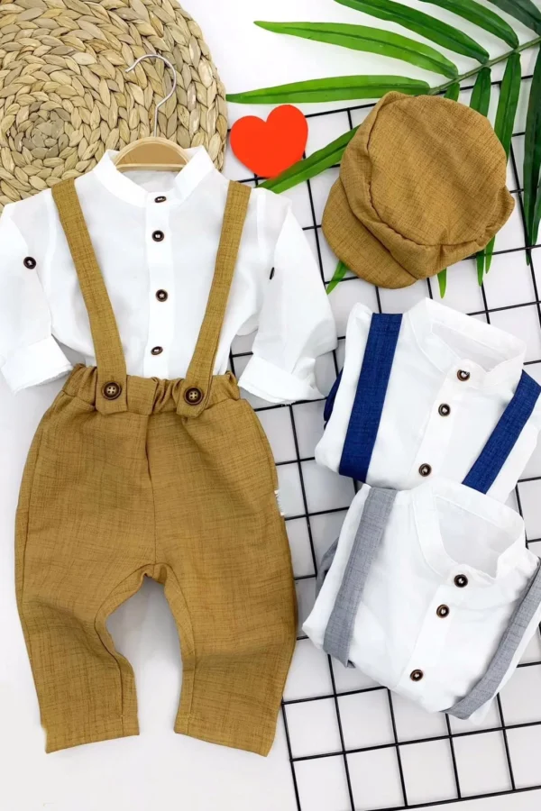 9-12-18-24 Ay Pamuk Keten Kumaş Hakim Yaka Gömlek Kasketli 3lü Erkek Bebek Salopet Takımı