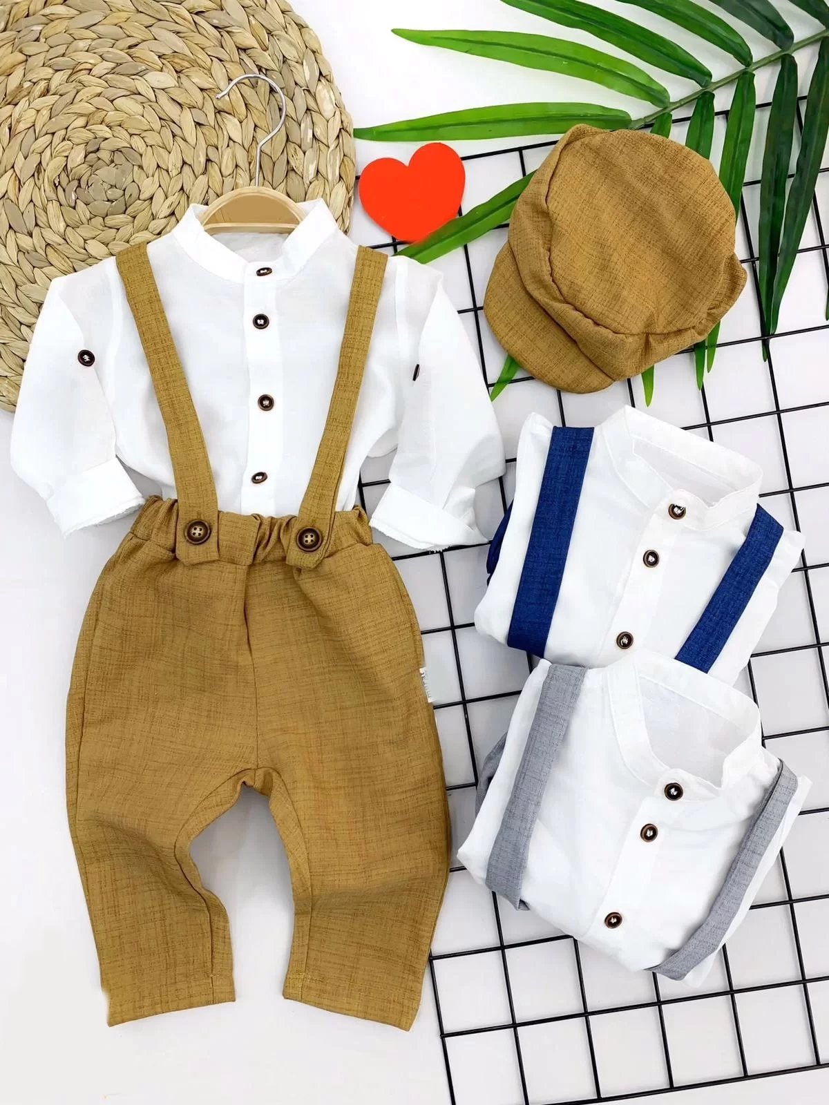 9-12-18-24 Ay Pamuk Keten Kumaş Hakim Yaka Gömlek Kasketli 3lü Erkek Bebek Salopet Takımı