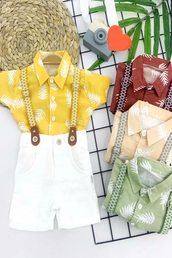 9-12-18-24 Ay Pamuk Keten Kumaş Hawai Gömlek Lastik Askılı 2li Erkek Bebek Takımı