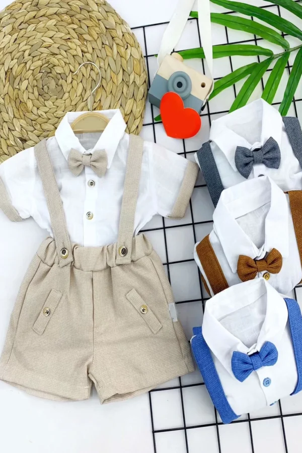 9-12-18-24 Ay Pamuk Kumaş Keten Papyonlu Kısa Kol 2li Erkek Bebek Salopet Takımı