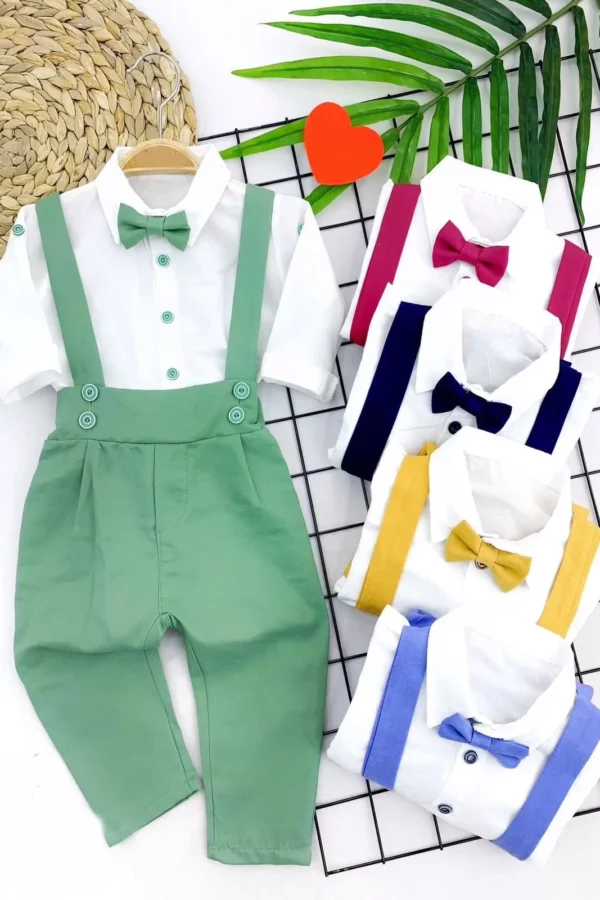 9-12-18-24 Ay Pamuk Kumaş Papyonlu Gömlek 2li Erkek Bebek Salopet Takımı