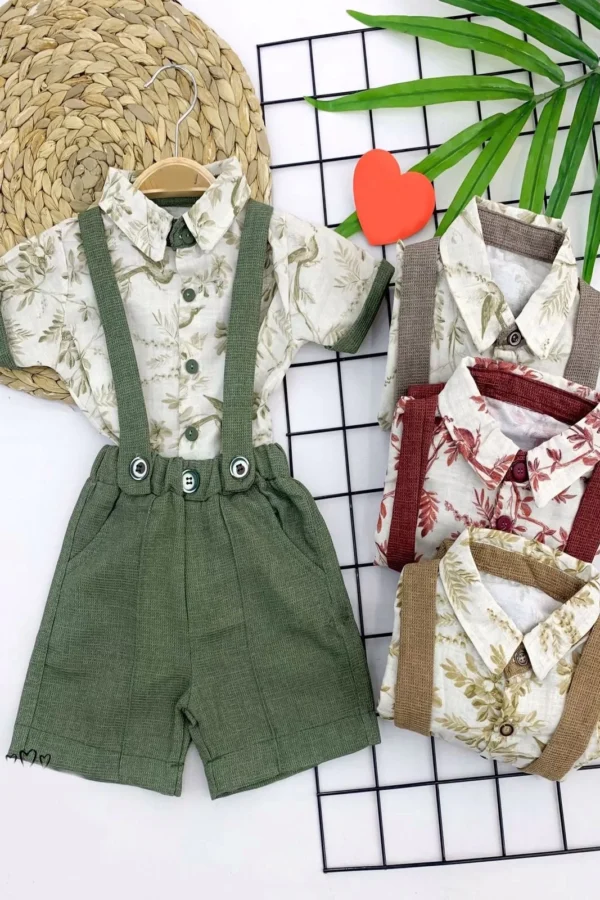 9-12-18-24 Ay Pamuklu Kumaş Keten Kısa Kol Gömlek 2li Erkek Bebek Salopet Takımı