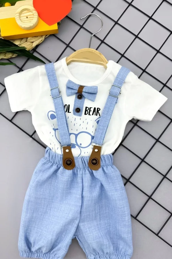 9-12-18-24 Ay Papyon Detaylı Keten Şort Salopet Tişörtlü 2li Erkek Bebek Takımı