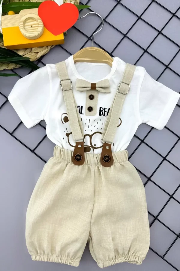 9-12-18-24 Ay Papyon Detaylı Keten Şort Salopet Tişörtlü 2li Erkek Bebek Takımı