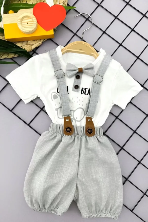 9-12-18-24 Ay Papyon Detaylı Keten Şort Salopet Tişörtlü 2li Erkek Bebek Takımı